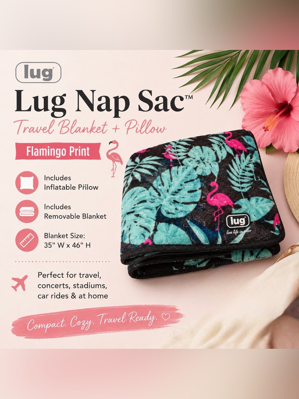lug Black Travel Bag with Pink Flamingo and Teal Leaf Print